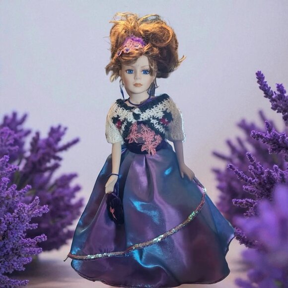 Elegant Porcelain Doll in Purple Dress & Matching Sweater Set - Picture 1 of 16